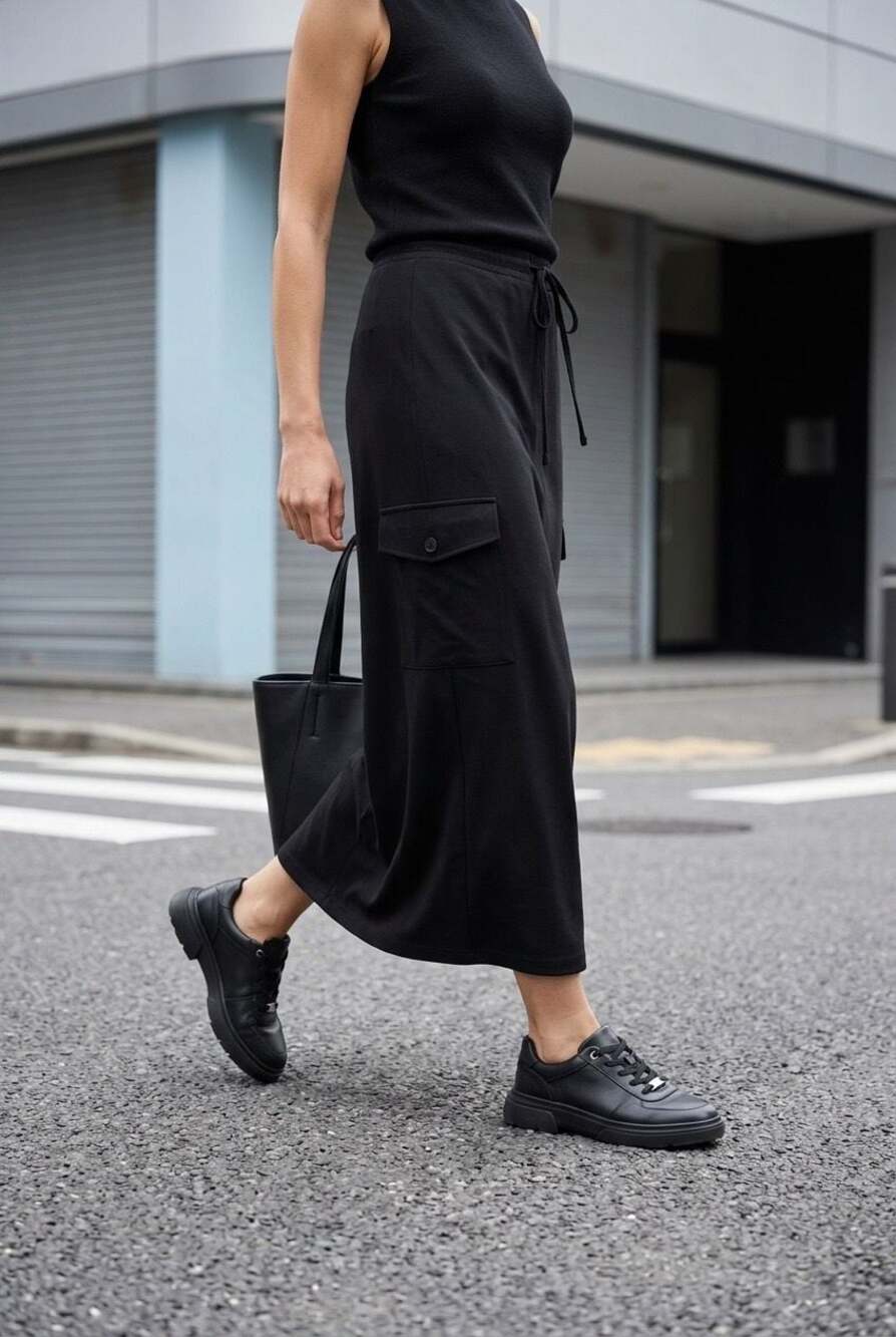 Kathie Lee Collection Black Cargo Midi Skirt with Drawstring Waist #B64